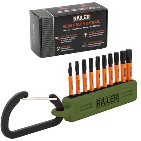 Railer Torx Bit Set - Premium S2 Steel 2 Inch Impact Driver 10-Piece 6 Star Bit Set With A Tool Storage Bit Holder & Carabiner (Camo Green Bitrail, Standard Bitrail)