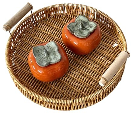 Djowyh Runde Rattan Serviertablett | Rundes Rattan Tablett | Rattan Aufbewahrungstablett | Rattan Serviertablett Mit Griff | Servierkörbe Aus Weidengeflecht Zum Organisieren Von Tisch-, Badezimmer