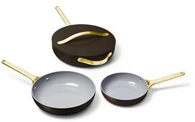 Caraway Fry Pan Trio - Non-Stick Frying Pans (10.5” & 8”) & Non-Stick Saute Pan - Non Toxic, PTFE & PFOA Free - Oven Safe & Compatible with All Stovetops (Gas, Electric & Induction) - Black