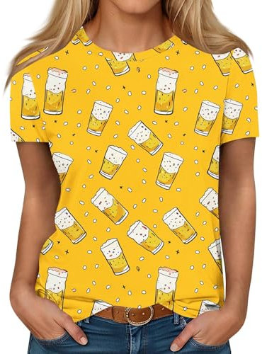 Damen 3D Bierkrug Drucken Tshirt Sale T-Shirt Frauen- Kompatibel mit Oktoberfest Rundhals Kurzarm Shirts Bierfestival In Deutschland Sommershirt Lässig Bier Karneval Activewear Bierfest Kleidung