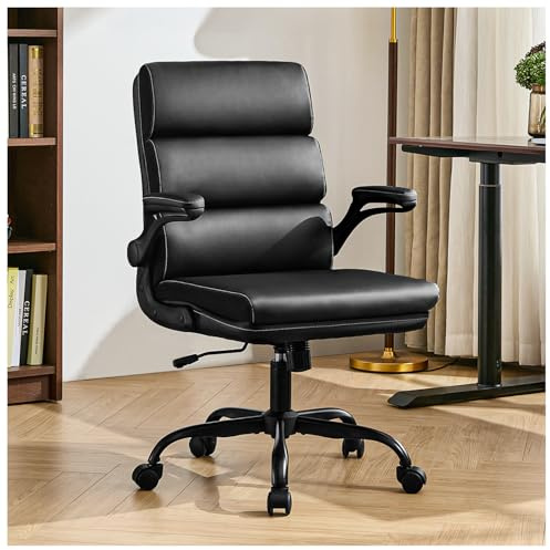 Office Chair Adjustable Desk Chair Mid Back Executive Comfortable Bonded Leather Ergonomic Back Support Home Computer Chair with Padded Flip-up Armrest Swivel Wheels (Black)