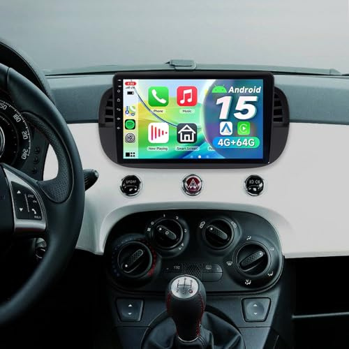 ACAVICA Autoradio für FIAT 500 2007–2015, 4+64GB 9 Zoll Touchscreen mit Apple CarPlay & Android Auto, Navi, Sprachsteuerung, Bluetooth 5.4, WiFi 6.0, Android 15 System & USB (Schwarz/4+64GB)
