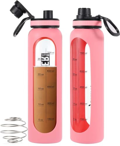 RhythmFit Glass Shaker Bottle 34oz/1L Pink Glass Protein Shaker Bottle With Shaker Ball Large Shaker Bottles for Protein Mixes Portable Powder Mixer Blender Water Bottle for Gym Workout Sports