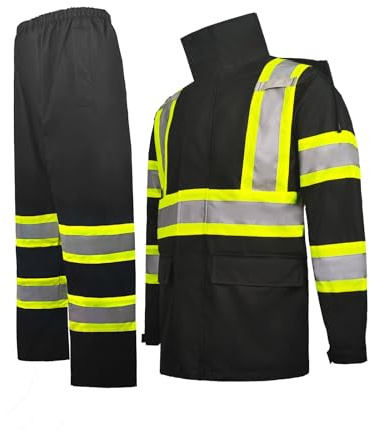 Hi-Vis Reflective Safety Rain Jacket and Pants for Men Women Waterproof Rain Gears, High Visibility Rain Suit with Inner Mesh Lining and Pockets, Fishing Rain Gear Workwear (black, L)