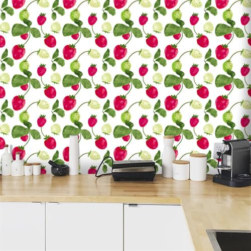 Klebefolie Möbel Grüne Rote Erdbeeren Selbstklebende Folie Vinyl Selbstklebende Tapete Wasserdicht Möbelfolie Dekorative Wandtapete Wohnzimmer Schrank Tapeten 1P (40x100 cm)