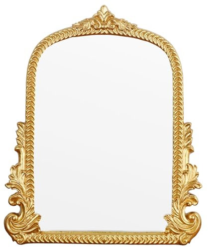 LuHeToz Miroir Vintage doré arqué pour Coiffeuse avec Cadre en résine – Petite Taille (25 x 30 cm) Miroir sur Pied pour Salon, Chambre à Coucher, Table