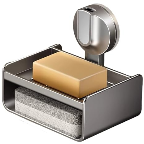 Fabeas Jabonera de metal con ventosa fuerte, bandeja de acero al carbono, almacenamiento de jabón para baño, bañera, cocina, fregadero, montaje en pared