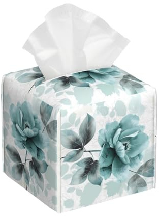 Mexpekil Square Tissue Box Cover Elegant Teal Flower Leaves PU Leather Waterproof Tissue Box Holder Facial Paper Tissue Cube for Car Bathroom Kitchen