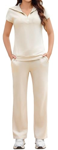 Aottori tvådelad hemmadräkt dam sommar outfits träningsoverall kortärmad 2-delad fritidsoverall joggingdräkt träningsdräkt sport lounge set elegant loungewear hemkläder, Aprikos, S
