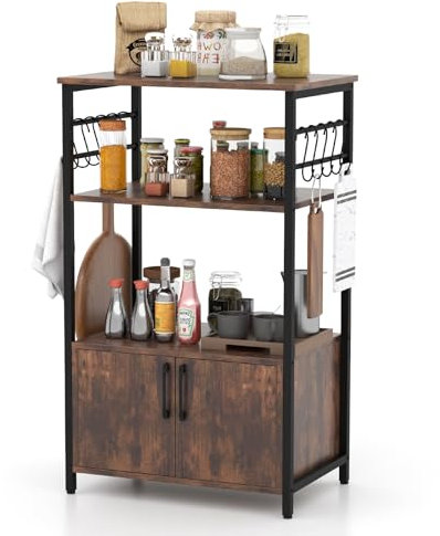 GOPLUS Küchenschrank, Küchenregal mit Türen & 10 S-Haken, Vorratsschrank mit 4 offenen Regalebenen, Bäckerregal Standregal Bücherregal Wohnzimmerschrank, für Küche, Wohnzimmer, Rustikales Braun