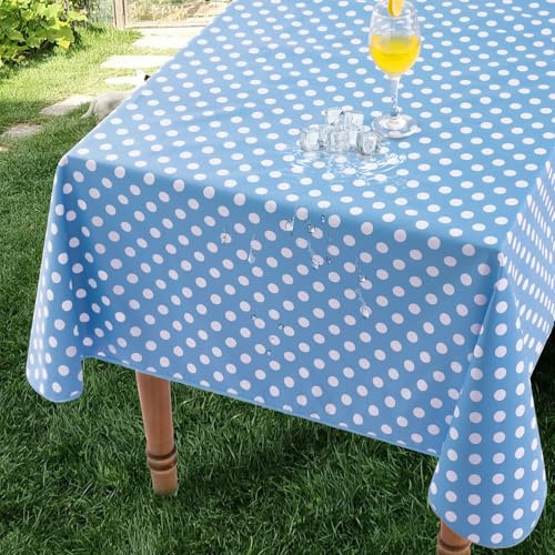 Romanstile Wachstuchtischdecke Outdoor Tischdecke Wetterfest 100x140 cm Blau mit Punkten Tischdecken PVC Wasserdicht Plastiktischdecke für Hochzeit, Geburtstag,Party,Hotel,Bar,Esstisch,Gartentisch