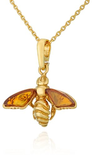 AMBEDORA Collana da donna con ape mod.10 con ambra, in argento sterling placcato oro, ambra baltica in colore cognac, ciondolo placcato oro su catena, Oro, Ambra