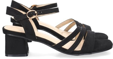 shoes&blues.es Sandalia de Tacon para Mujer, Comoda, Triple Pala Fina, Estampado Brillante, y Cierre de Hebilla en el Tobillo