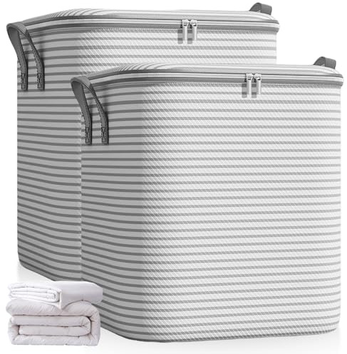 GOMETY 2 unidades de 180 l bolsa de almacenamiento grande, caja de almacenamiento con tapa para ropa y edredones, bolsas de almacenamiento con cremallera, plegable para edredones (gris, M)