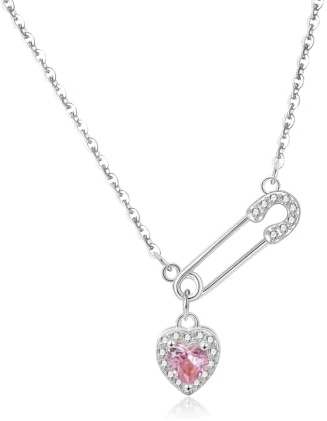 SILBERTALE S925 Sicherheitsnadel Halskette Büroklammer Kette für Frauen | Sterling Silber Herz Anhänger Halskette Paper Clip Anhänger Mode Schmuck