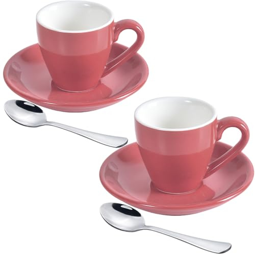 ionEgg espressokopp i porslin med fat och miniskedar i rostfritt stål, espressokopp i espressoskop, 80 ml/76,5 g, 2-pack, rosa
