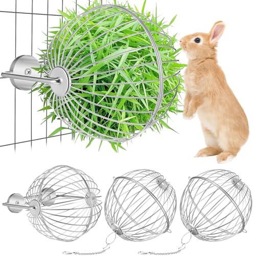 Otoolling 2 Pack Rabbit Hay Ball Feeder Stainless Steel Hanging Hay Holder Dispenser Small Animal Grass Feeder Rack Ball Toy for Bunny Hamster Guinea Pig Chinchilla Gerbils Cage Accessories Supplies