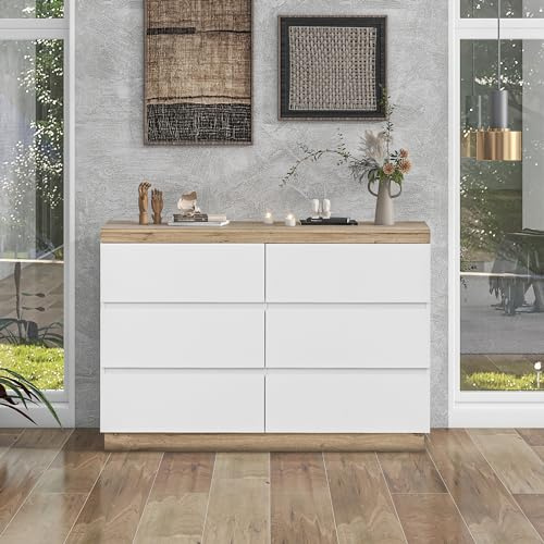 Schmuckschrank mit 6 Schubladen, vielseitiger Aufbewahrungsschrank für Schlafzimmer und Wohnzimmer, E1-Spanplatte, stilvolles Design in Weiß und Eiche, perfekt für Flur und Schlafzimmer