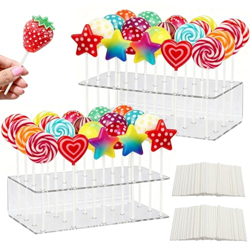 VOSSOT Lot de 2 supports à cake pop avec 100 tiges à cake pop, 20 trous, en acrylique transparent, support pour sucettes, dessert, mariage, anniversaire, fête