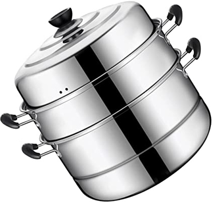 iplusmile Olla De Vapor Apilable De Acero Inoxidable 28 Cm, Triple Capa Tapa De Vidrio y Mango Anticalor, Utensilios De Cocina Prácticos Para Cocción Al Vapor y Hogar