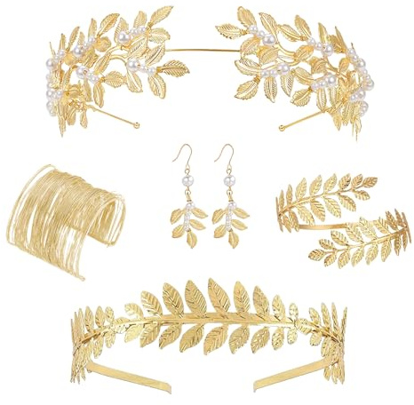 NOLACE Griechische Göttin Modeschmuck Set für Frauen, Römische Lorbeerblätter Krone Tiara Haarkamm Manschette Oberarm Armbänder Swirl Ohrringe Gold Hochzeit Braut Toga Party
