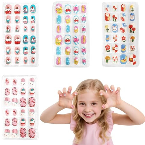 96 Pezzi Unghie Adesive Bambini, Colorate Unghie Finte Acriliche Pre-incollato Decorazioni, Unghie Finte Set per Donna e Ragazze Adolescenti Decorazione Nail Art Fai da Te