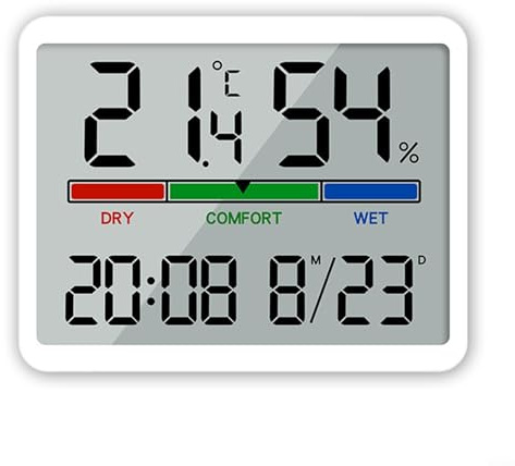 Oniissy Orologio da parete digitale con ampio display LCD, data, temperatura e umidità, termostato programmabile alimentato a batteria, facile lettura per anziani, retro magnetico, bianco