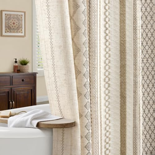 NDDYCU Boho Linen Shower Curtain for Bathroom,with Striped Print and Twine-Inspired Woven Center,Extra Long Size,72 W x 84 L