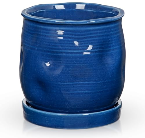Oairse 5.7 inch Ceramic Pots for Plants, Plant Pot with Drainage Hole and Saucer Blue Ceramic Indoor Planter with Tray Decorative Flower Pots for Succulent, Cactus, Snake Plant, Herb Indoor Outdoor