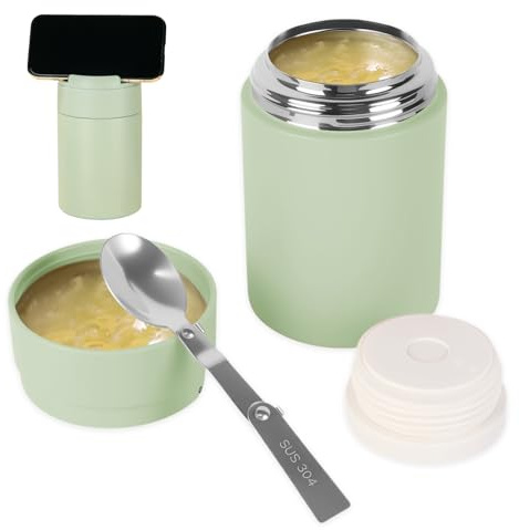 kiptyg Thermobecher Essen 500ml mit Löffel & Handyhalter, Spülmaschinenfest Thermoskanne für Lebensmittel, Auslaufsicherer Edelstahl Warmhaltebehälter bis zu 12h, Für Unterwegs, Büro & Kinder