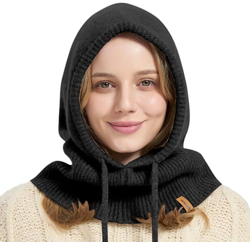 ACUSHLA 100 % laine mérinos Cagoule pour femmes et hommes - Écharpe d'hiver chaude en tricot avec capuche, bonnet et écharpe en un seul ensemble, noir, One Size