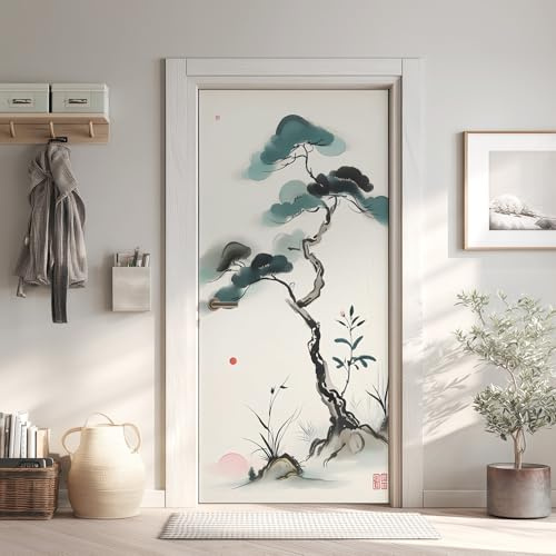 Orientalische Türaufkleber, Baum Türfolie Selbstklebende Fototapete 100x200 cm, Asiatische Türposter Abnehmbar Türfolie PVC Für Tür Schlafzimmer Badezimmer Türaufkleber
