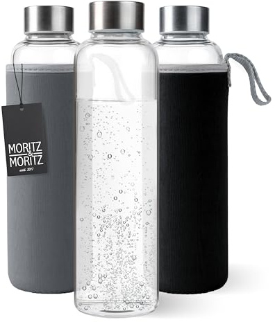 Moritz & Moritz Gourde en verre 500 ml – Convient pour les boissons gazeuses et anti-fuite – Bouteille en verre pour le sport, l'école, l'université ou le travail – Avec housse de protection