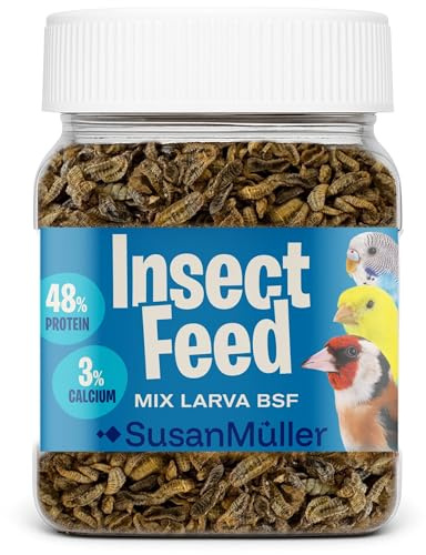 Susan Müller Larve di mosca soldato nero mini per uccelli – Snack naturale ricco di proteine e calcio – per Canarini, Carlini e parrocchetti