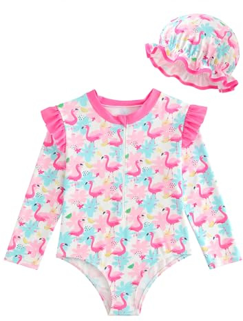 JiAmy Baby Mädchen Badeanzug Langarm mit Sonnenhut UV Schutz Einteiler Kinder Schwimmanzug mit Reißverschluss BadebekleidungFlamingo, 110