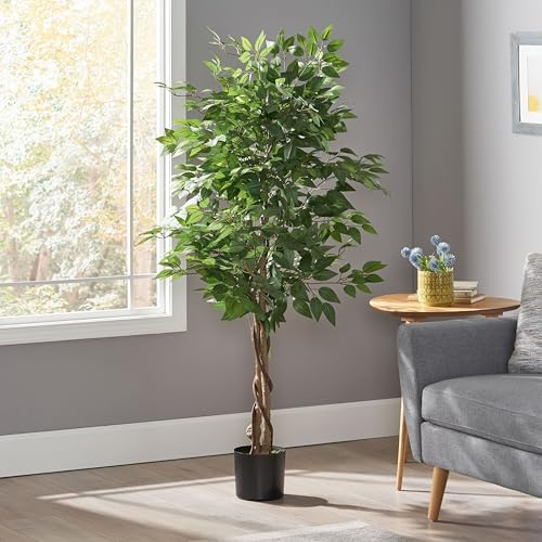 CHARMMA 150cm Artificial Ficus Tree with Twisted Trunk, Realistic Fake Plant for Home Office Decor, Faux Weeping Fig Tree in Pot, Pre-Potted Artificial Green Plant for Living Room, Bedroom, Corner