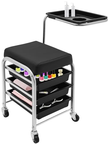 Carrello per manicure per cosmetici, colore nero, per manicure, pedicure, altezza 53 – 77 cm, 220 lbs, 3 scomparti+cuscino, salone e ufficio, 4 rotoli, 121517 pollici, nero