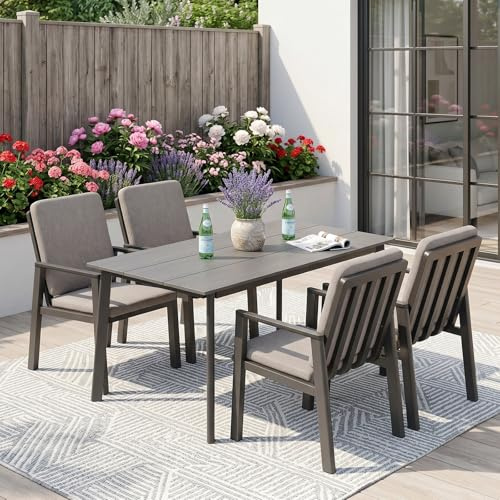 Atenza Gartenmöbel Set 5-teilig wetterfest, Tisch 150x80 cm, 4 Stühle | Aluminiumgestell, PS-Holzoptikplatte, Auflagen mit Haltebändern, verstellbare Füße, für Terrasse Garten Balkon