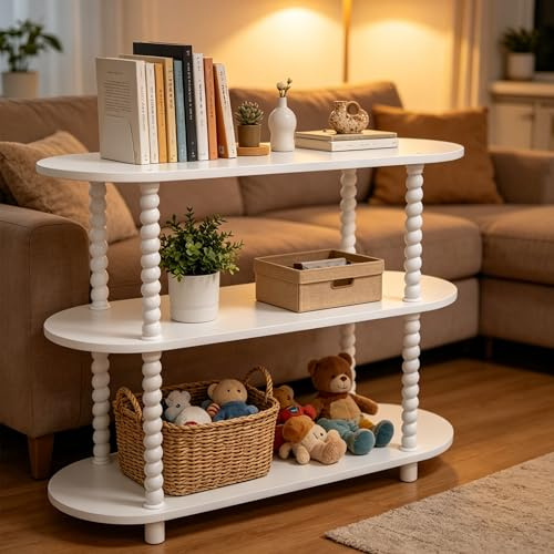 Garvee Mesa Auxiliar de 3 Niveles con Patas en Forma de Calabaza, Mesita Estrecha para Espacios Pequeños, Moderna Mesa de Salón con Estantes, 100 * 36 * 73cm, Estante de Almacenamiento, Blanco
