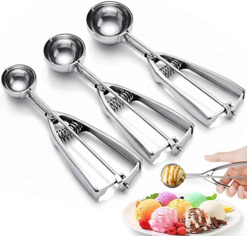 Eisportionierer Edelstahl Set, 3 Größen Portionierer, Eislöffel für Eis, Keksteig, Kuchenteig, Melone, Fleischbällchen, Obst – Spülmaschinenfest