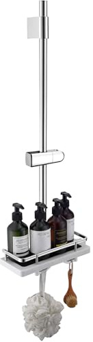 HOMELODY Barre de douche chromée 90 cm avec étagère de douche, barre de douche réglable en hauteur avec support de pommeau de douche, support mural réglable pour trous de perçage existants, support de