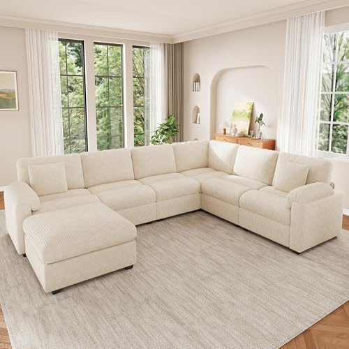 Sapgaks Sofá Convertible de 7 plazas en U/L con Pufs Móvil, Sofá de esquina grande Convertible de pana con cojines, Sofá Modular Multifuncional en el Salón Appt, Beige