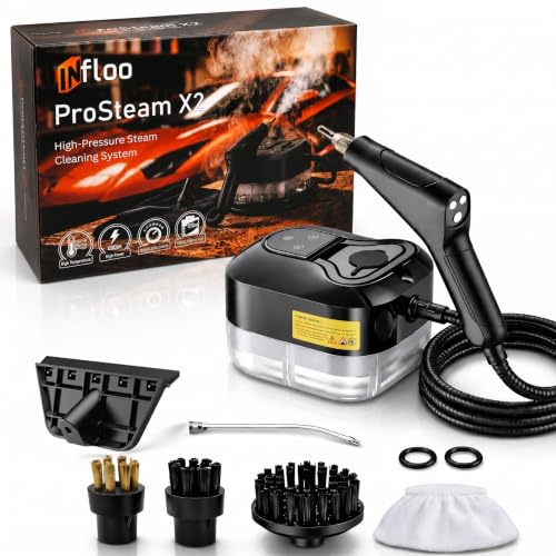 INfloo ProSteam X2 Pulitore a Vapore 2500 W, 4,5 Bar, Serbatoio 1,2 L, 6 Livelli di Vapore, Riscaldamento Rapido in 15 s, con Tubo 2 m, 5 Spazzole, per Auto, Cucina, Fughe, Vetri e Tappezzeria