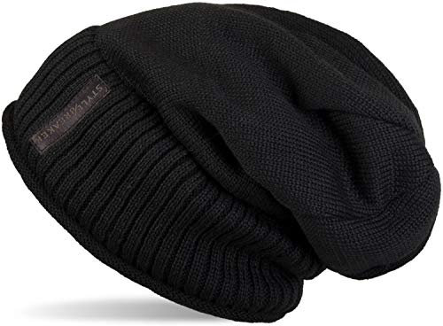 styleBREAKER Unisex Beanie Mütze mit Fleece Innenfutter und Label | Warme Winter Strickmütze aus Feinstrick | Elastische Longbeanie für Damen und Herren, Farbe:Schwarz