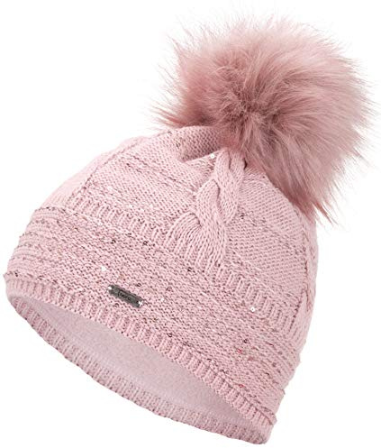 Faera Wintermütze Mütze Damen Pailletten warm gefüttert Bommelmütze Fleecefutter Winter Mädchen Weihnachten Strickmütze Beanie, Farbe:Rose