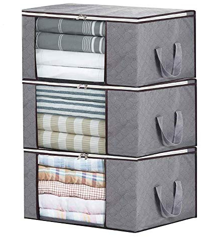 LATTCURE 3 Stück Aufbewahrungstasche, 90L Aufbewahrungsbox mit Deckel Große | Faltbare Aufbewahrung Umzugskartons für Bettdecken Decken Kleidung Unterbett Kleiderschrank, Grau (60 x 36 x 42 cm)