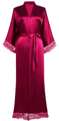 BABEYOND Damen Morgenmantel Lang Kurz Einfarbiger Bademantel Spitzen Ärmel Seide Satin Kimono Kleid Damen Sommer Robe Reine Farbe Schlafmantel