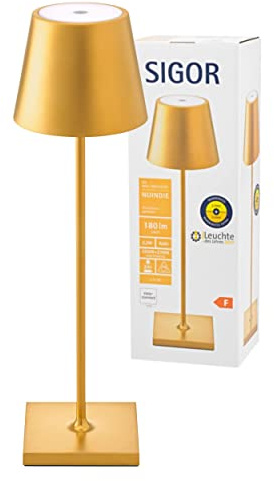 SIGOR Nuindie - Dimmbare LED Akku-Tischlampe Indoor & Outdoor, IP54 spritzwassergeschützt, Höhe 38 cm, aufladbar mit Easy Connect, 12 h Leuchtdauer, goldfarben