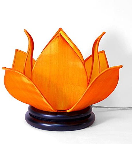Lampada da Comodino Asiatica Fiore di Loto in Seta Arancione - Altezza 19,5 cm x Diametro Ø29 cm - Lampada da tavolo, soggiorno, camera - Decorazione e Artigianato dal Vietnam (Ref. LL-PT-O)