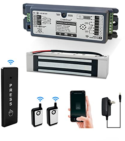 Olide 2,4 GHz WiFi Zugangskontrolle, 180 kg Haltekraft, elektrisch, magnetisches Türschloss-System, Kit mit Fernbedienung und Smartphone-App-Steuerung, gepaart mit kabellosem schlankem Druckschalter